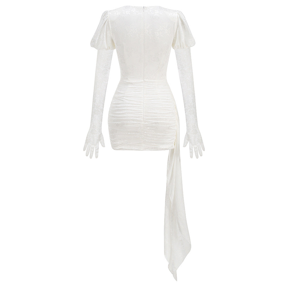 AIIZIE WHITE CUT - OUT RUCHED MINI DRESS WITH GLOVES - product image