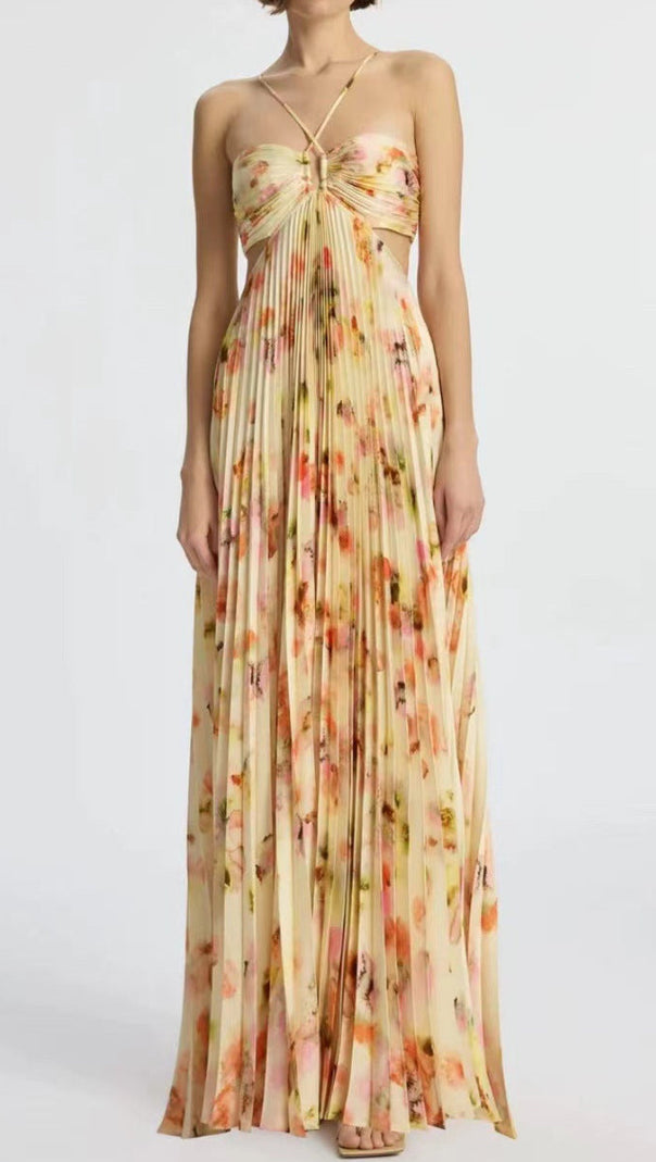 AIIZIE CANDICE PLEATED FLORAL MAXI DRESS IN YELLOW - product image