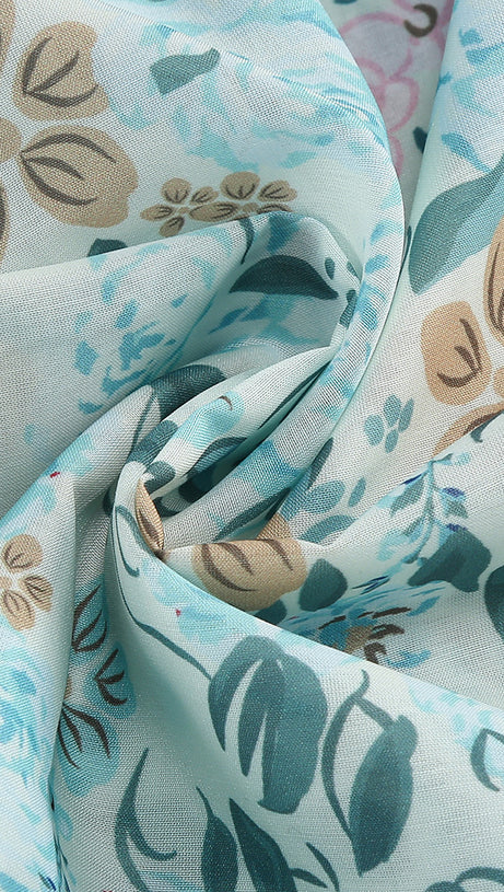 Blaues Midikleid mit Blumenmuster und Rüschen und quadratischem Ausschnitt 