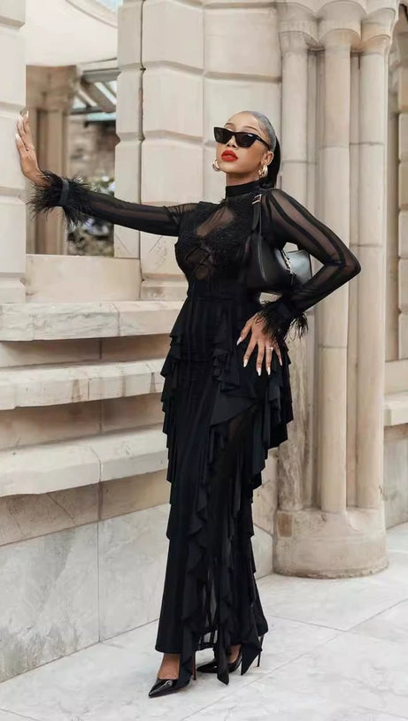 PANAGAS LONG SLEEVE MESH RUFFLE DRESS