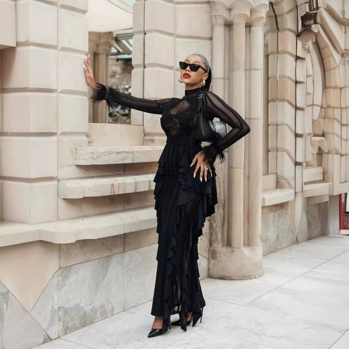 PANAGAS LONG SLEEVE MESH RUFFLE DRESS