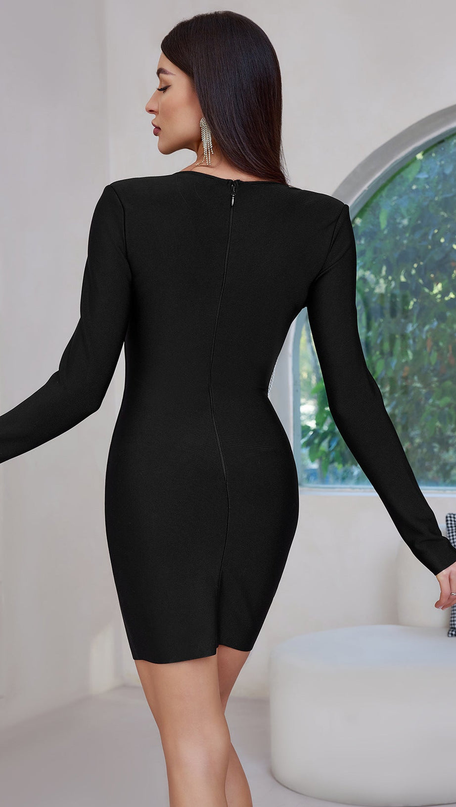 ALISA PEARL FLOWER EMBELLISHED BANDAGE MINI DRESS IN BLACK