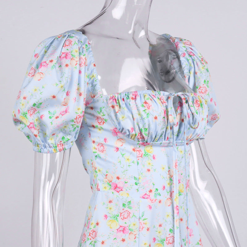 AIIZIE VINTAGE FLORAL PUFF SLEEVE MIDI DRESS IN BLUE - product image