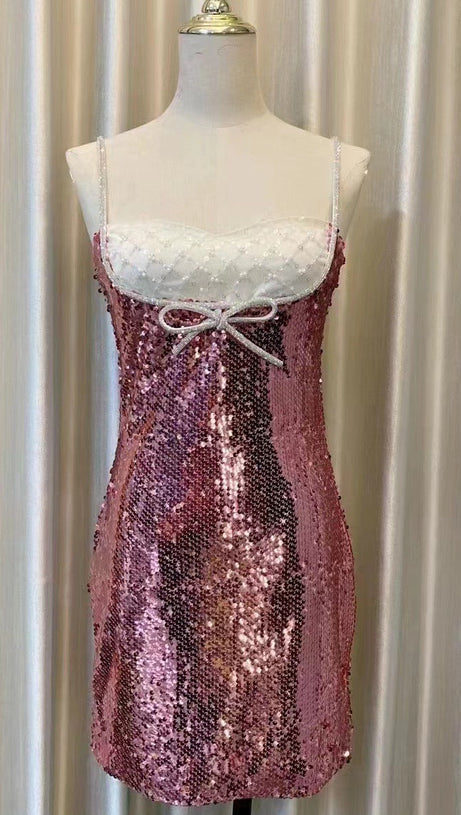 DAVINA SEQUINS DIAMANTE MINI DRESS IN PINK