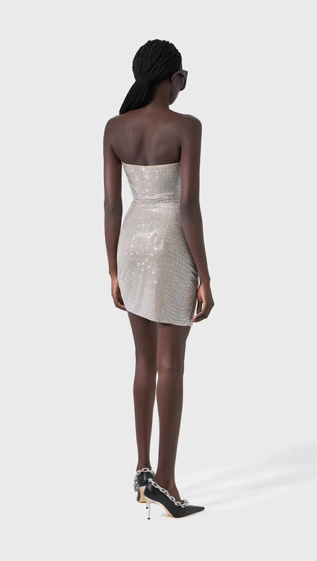 OFF-SHOULDER CRYSTAL-EMBELLISHED MINI DRESS IN SILVER