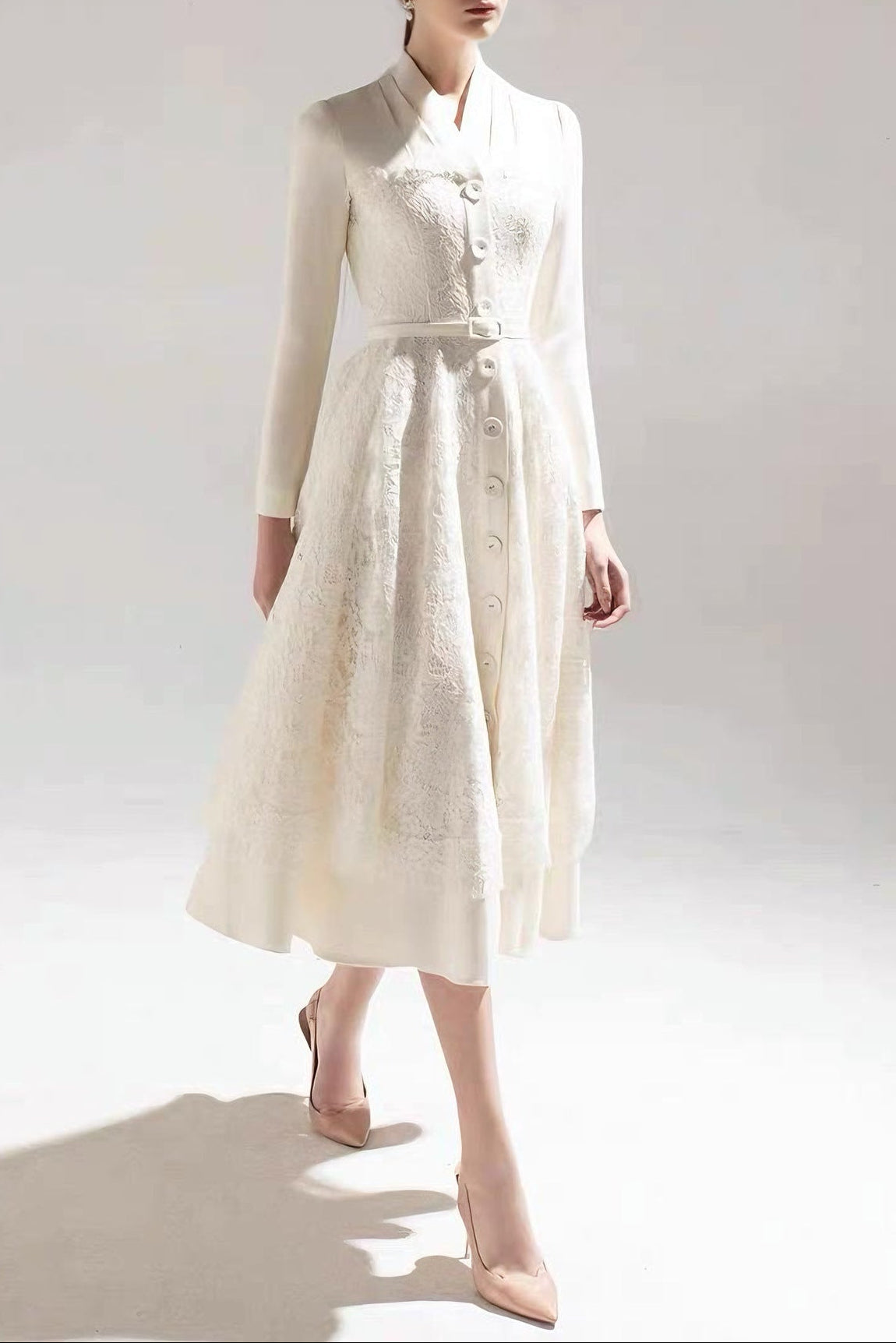 Apricot Patchwork Lace Midi Blazer Dress