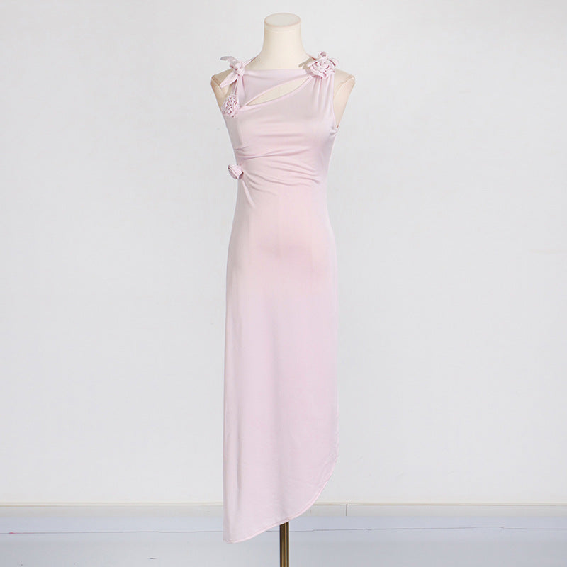 3D FLOWER ASYMMETRIC SATIN SLIT GOWN IN PINK