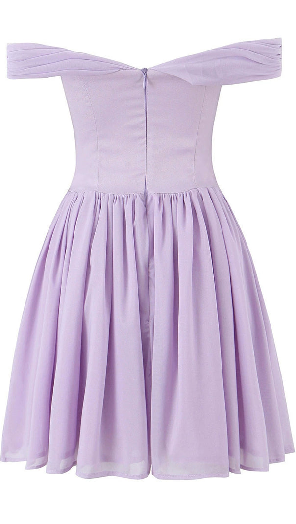 AIIZIE YVETTE PALE PURPLE OFF SHOULDER MESH MINI DRESS - product image