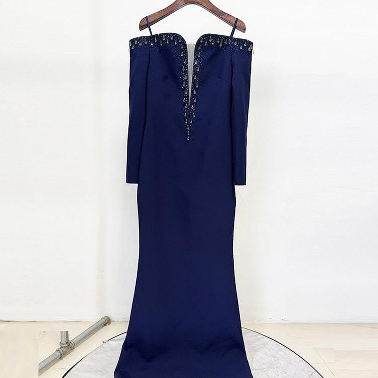 navy blue one-line collar bead diamond long dress