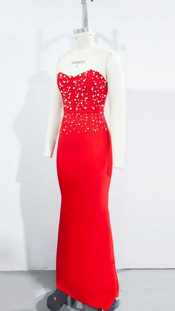 AIIZIE PEARL BANDAGE MAXI DRESS TUBE TOP FISHTAIL RED - product image