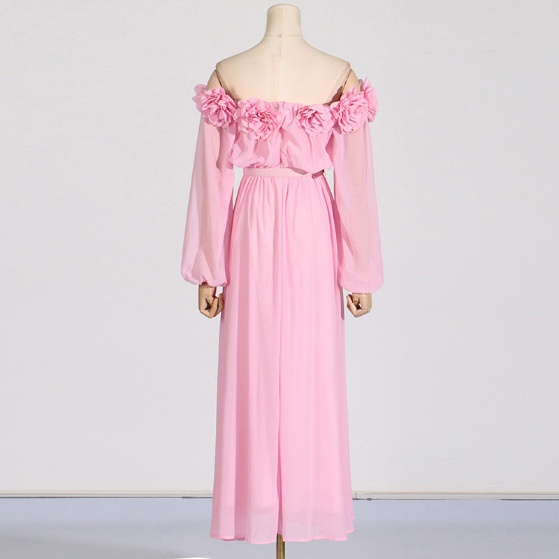 ASCELLA FLOWER SHOULDER MAXI DRESS IN PINK