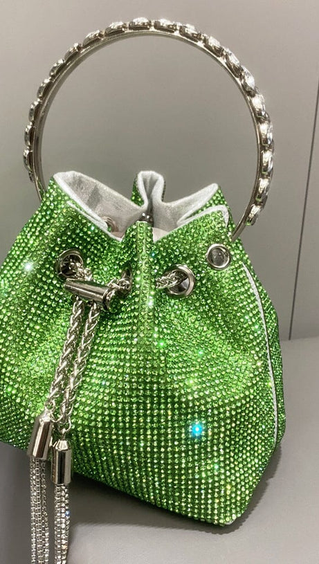 CRYSTAL EMBELLISHED BUCKET BAG IN GREEN