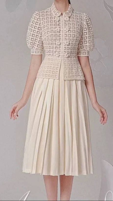 DOUBLE BREASTED LANTERN SLEEVE LACE TOP PLEATED SKIRT SET IN APRICOT