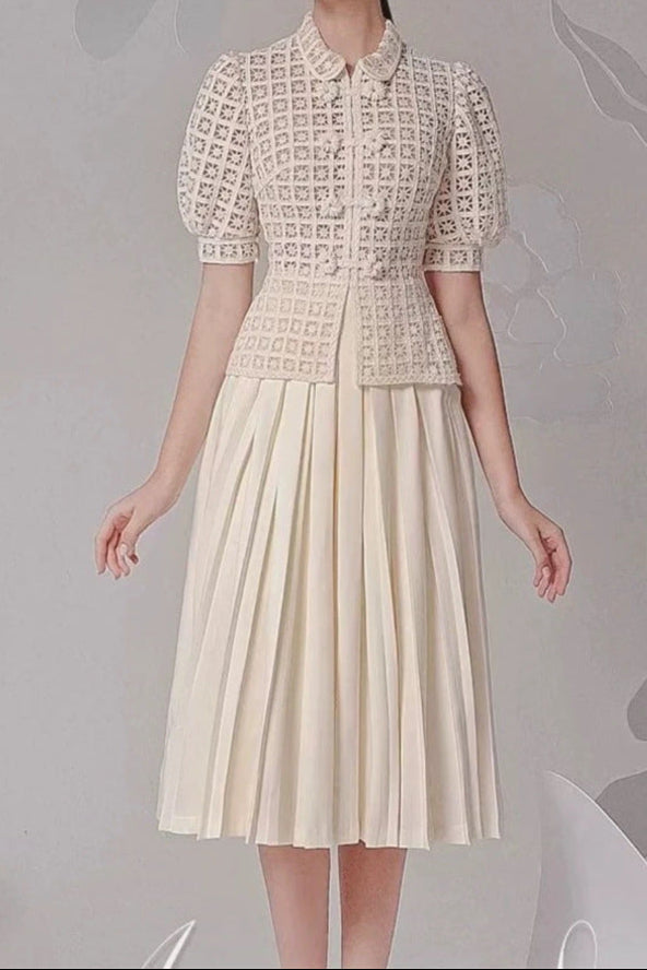 AIIZIE DOUBLE BREASTED LANTERN SLEEVE LACE TOP PLEATED SKIRT SET IN APRICOT - product image