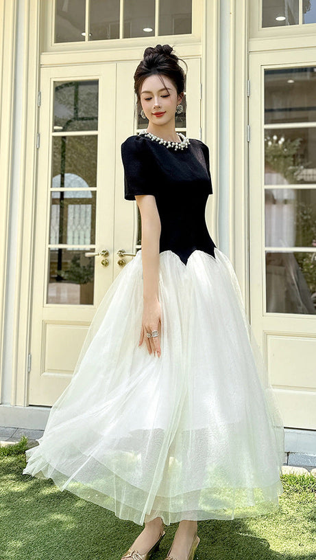 leona black-white Two-Tone rhinestone neck tulle maxi Dress
