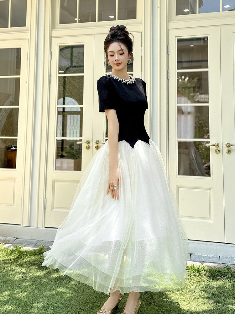 AIIZIE leona black-white Two-Tone rhinestone neck tulle maxi Dress - product image