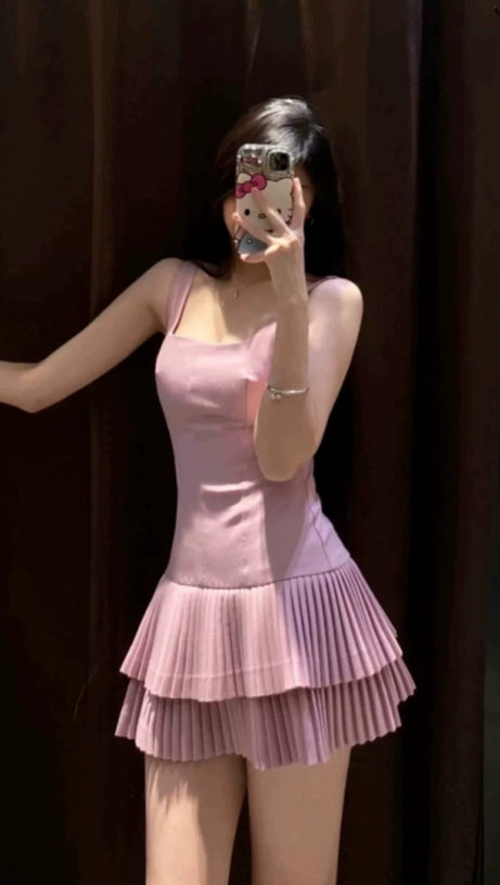 PINK SQUARE NECK PLEATED LAYERED MINI DRESS