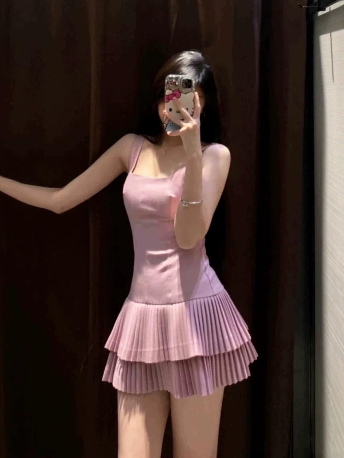 PINK Plissiertes Minikleid mit Lagendesign und quadratischem Ausschnitt