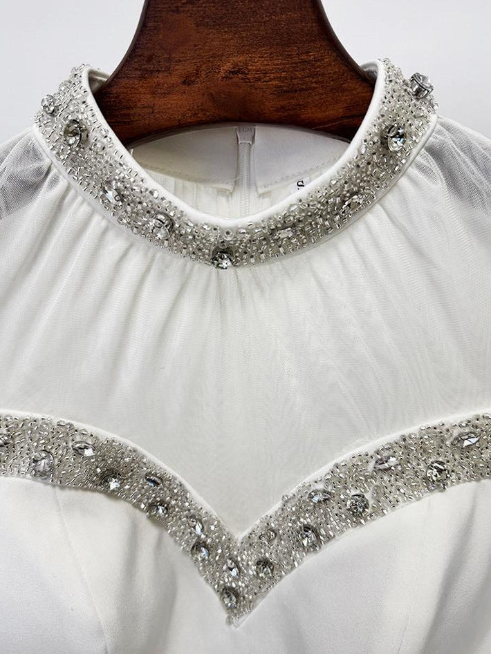 Mesh-paneled beaded rhinestone-embellished maxi dress - white