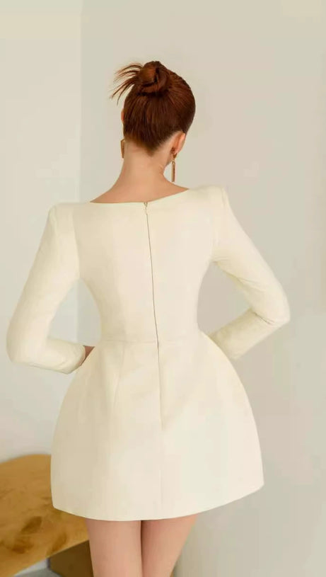 BRIANNA SQUARE-NECK A-LINE MINI DRESS IN BEIGE