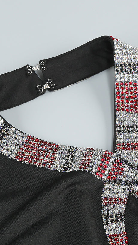 SNAKE STRAP CRYSTAL MAXI DRESS BLACK