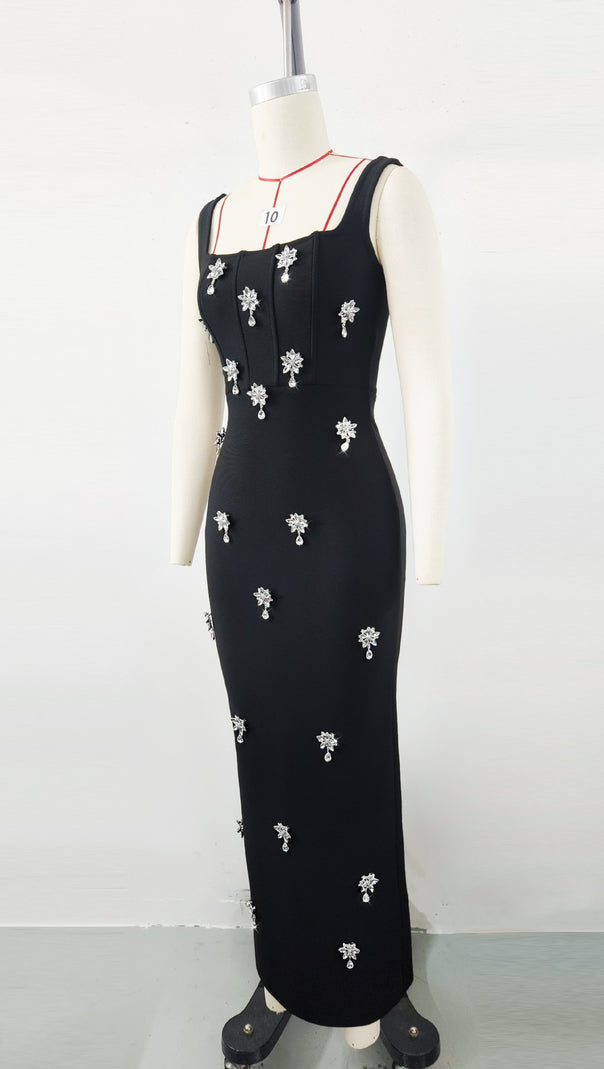 AIIZIE BLACK SLEEVELESS SQUARE NECK DIAMANTE BANDAGE MAXI DRESS - product image