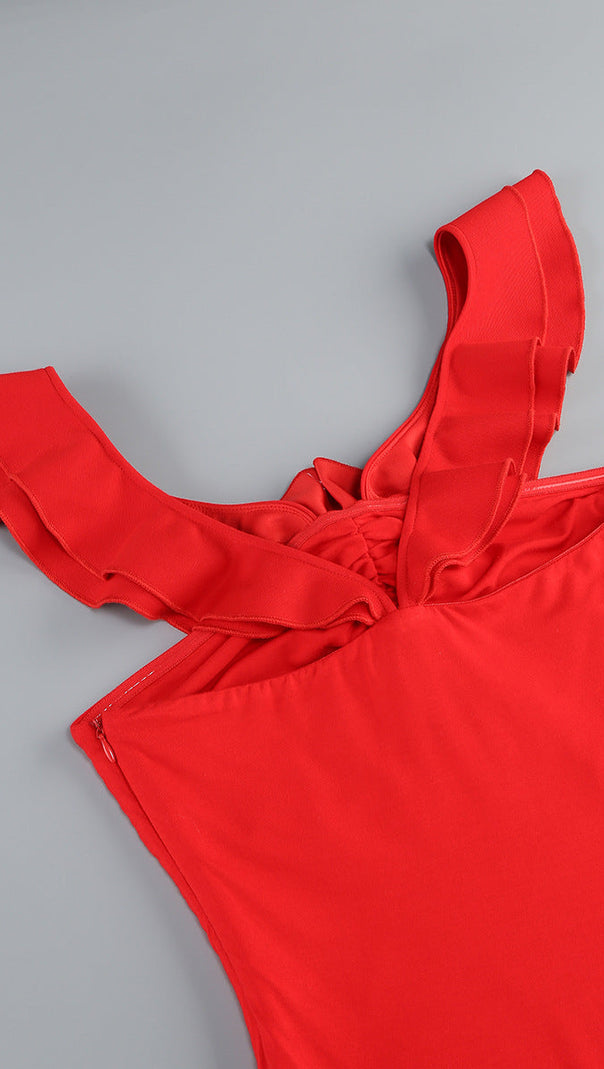 AIIZIE FLORAL RUFFLE TRIM HALTER MIDI DRESS IN RED - product image