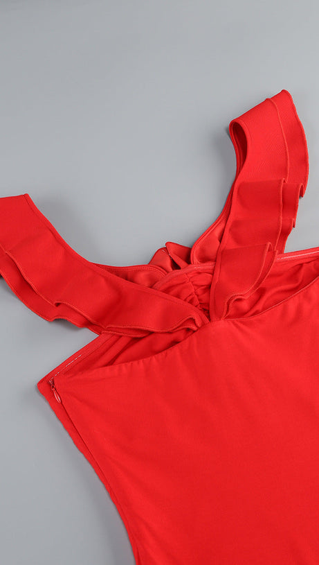 Neckholder-Midikleid mit floralem Rüschenbesatz in Rot