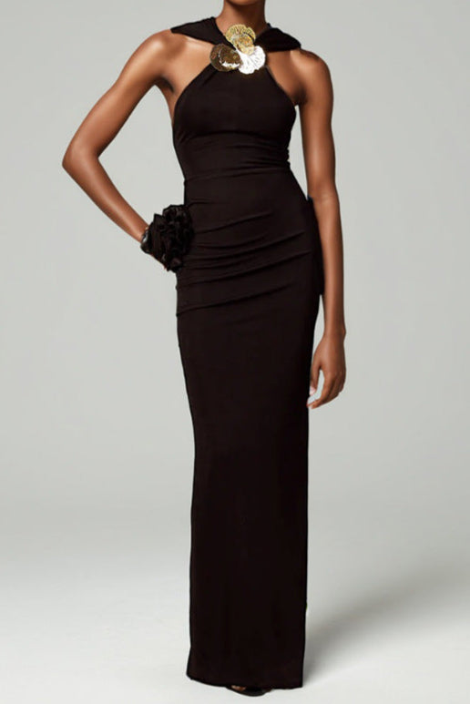 ABITO MIDI CON CAPPUCCIO E FIORI 3D IN METALLO TAMMY NERO