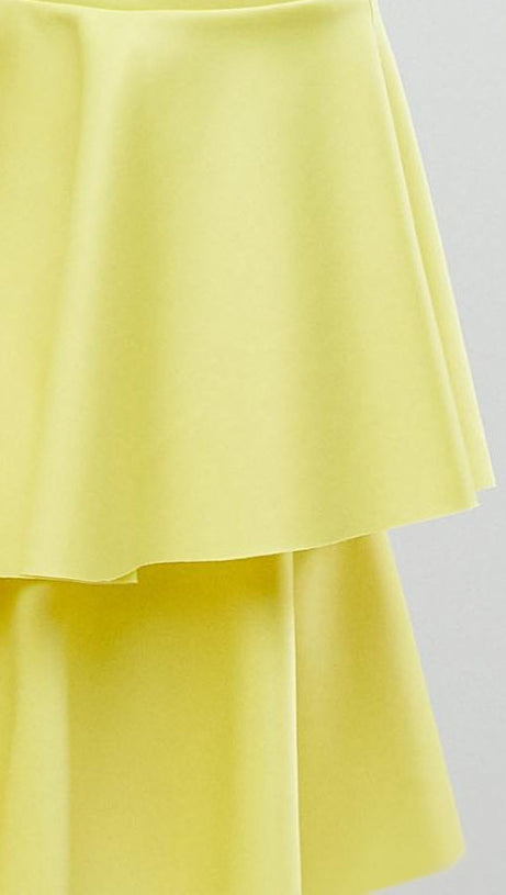SAMANTHA LAYERED OFF-SHOULDER MIDI DRESS IN YELLOW