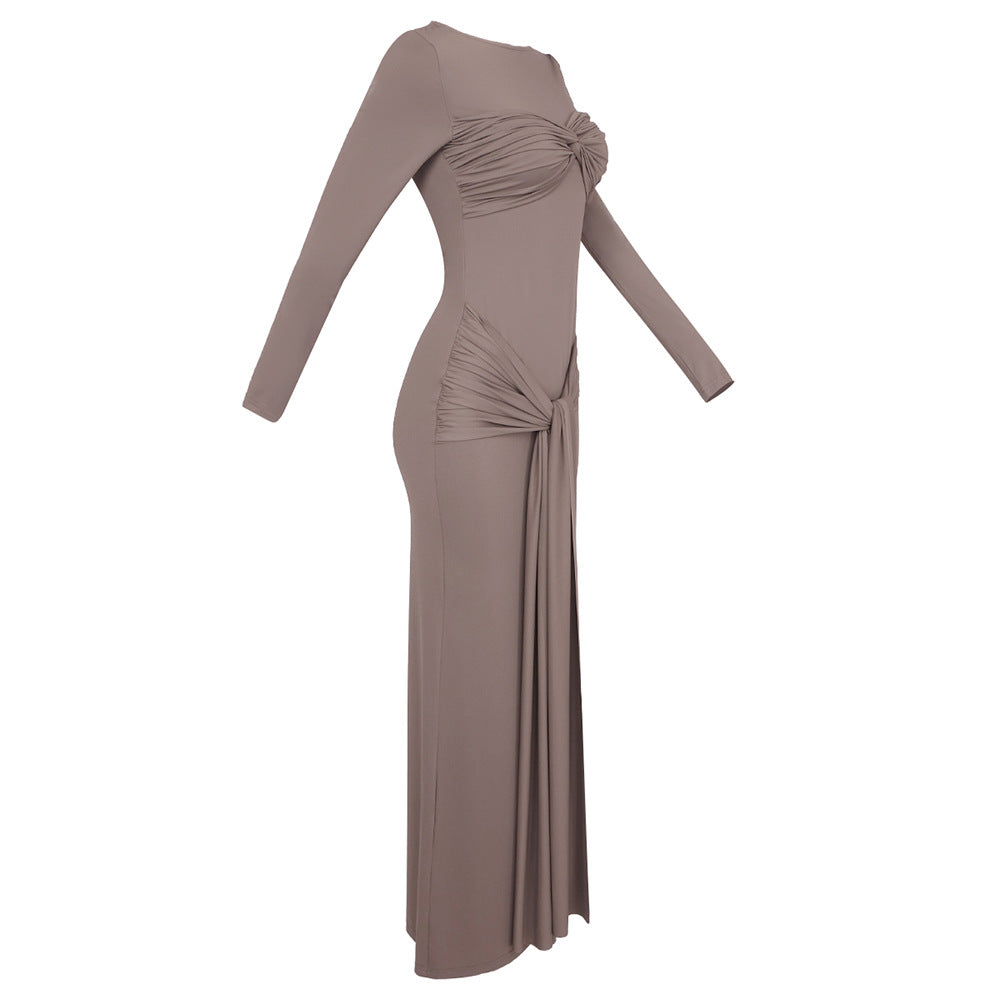 AIIZIE ROUND NECK RIBBED KNIT MAXI DRESS IN COFFEE - product image