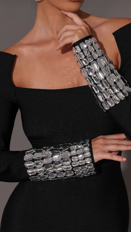 SQUARE NECK DIAMOND TIGHT BANDAGE MAXI DRESS IN BLACK