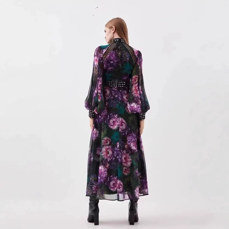 MULTICOLOR STUDDED FLORAL LACE MAXI DRESS