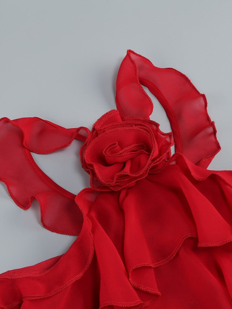 Eunice – Rotes Chiffon-Midikleid mit Neckholder und Rüschen