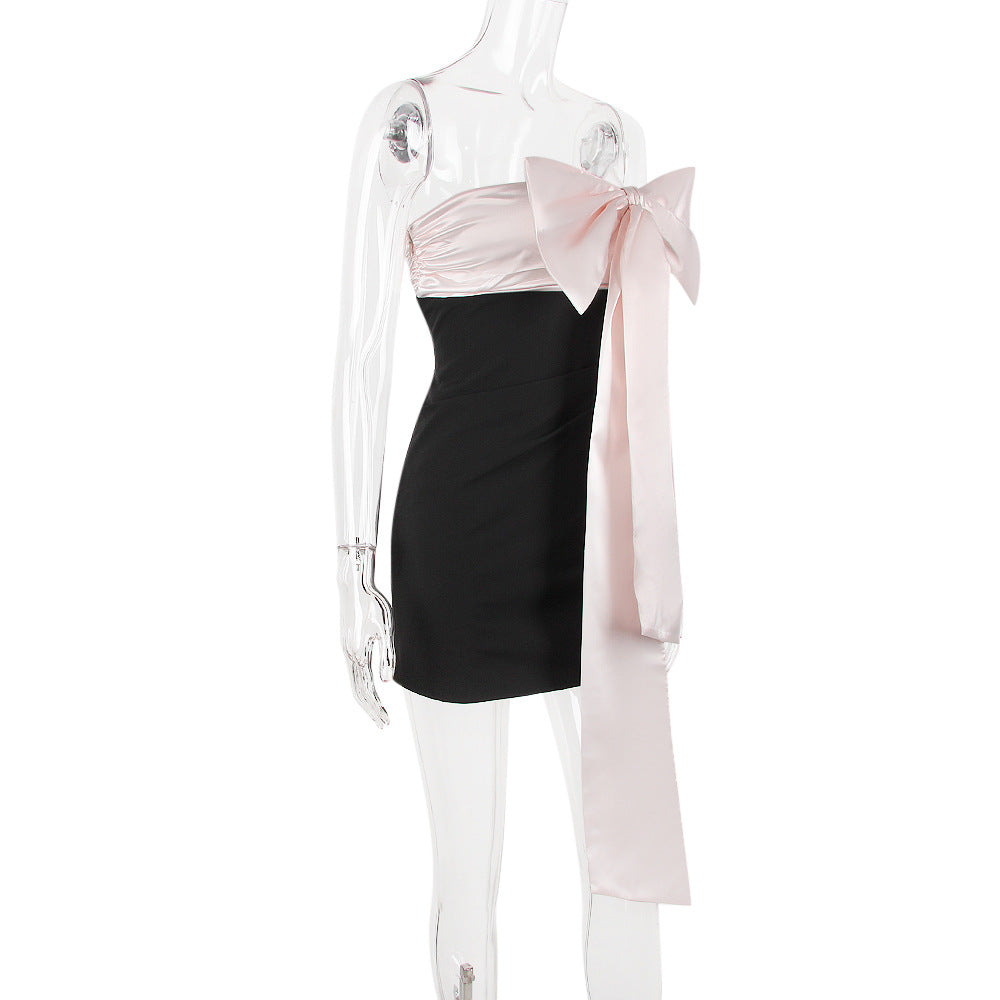 AIIZIE IVORY BOW MINI DRESS IN BLACK - product image