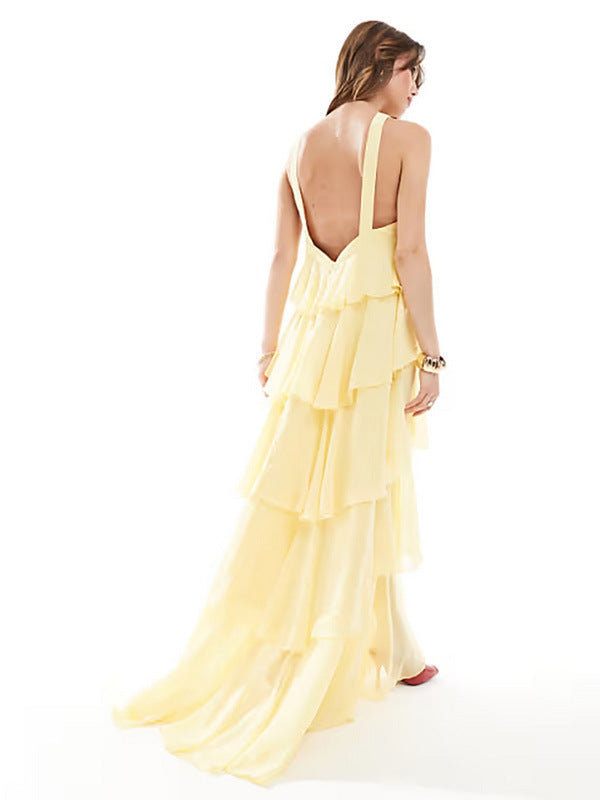 BEIGE TIERED HALTER NECK CHIFFON MAXI DRESS