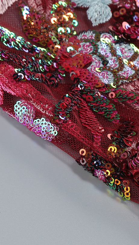 STRAPLESS FLORAL SEQUINS EMBROIDERY BODYCON GOWN MAXI DRESS