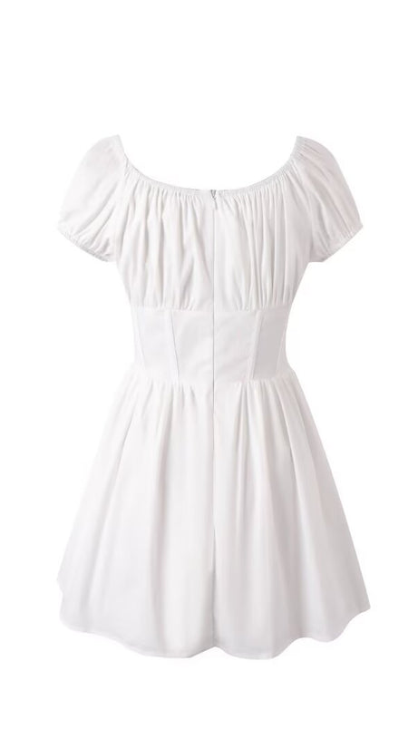 FRENCH WHITE GATHERED MINI DRESS