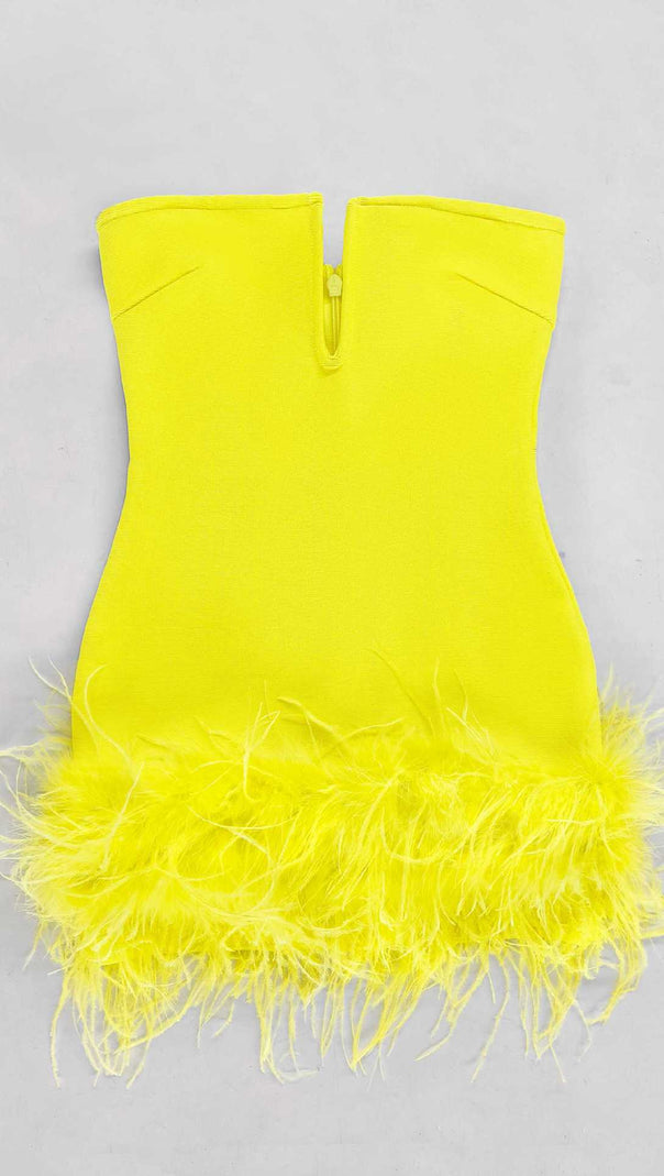 AIIZIE DEEP V TUBE TOP OSTRICH FEATHER HIP-WRAPPED MINI DRESS YELLOW - product image