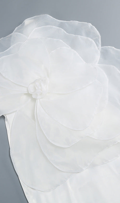 ANDREA MESH FLOWER ONE SHOULDER MIDI DRESS IN WHITE