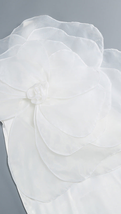 ANDREA MESH FLOWER ONE SHOULDER MIDI DRESS IN WHITE