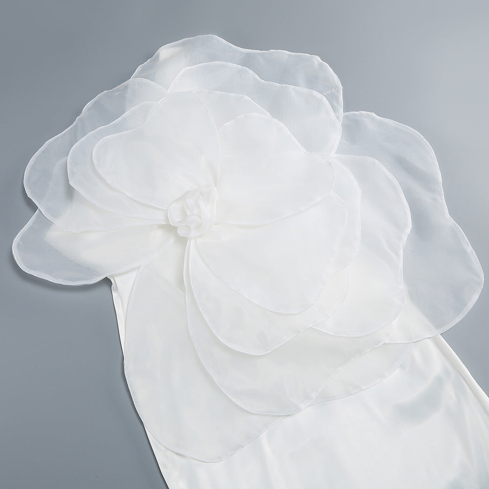 AIIZIE ANDREA MESH FLOWER ONE SHOULDER MIDI DRESS IN WHITE - product image