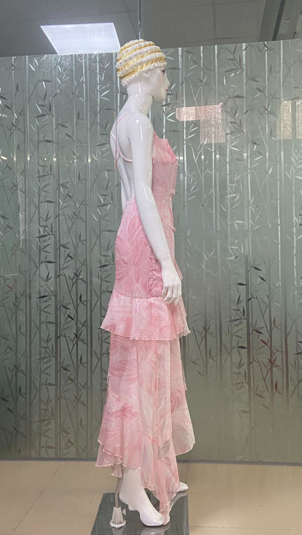 AIIZIE ARES FLORAL-PRINT RUFFLED SILK MIDI DRESS IN PINK - product image