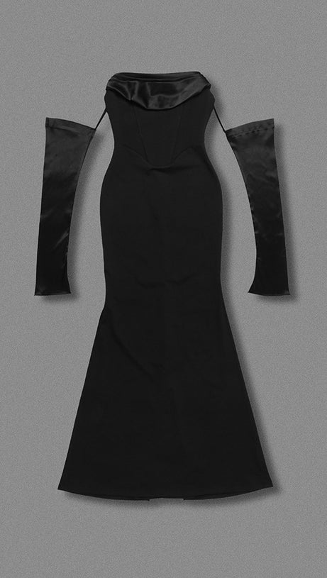 OFF-SHOULDER LONG-SLEEVED BLACK DRESS