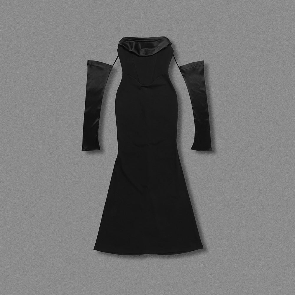 OFF-SHOULDER LONG-SLEEVED BLACK DRESS