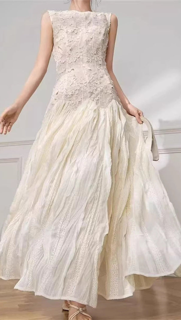 AIIZIE leona Jacquard pleated sleeveless maxi dress in apricot - product image