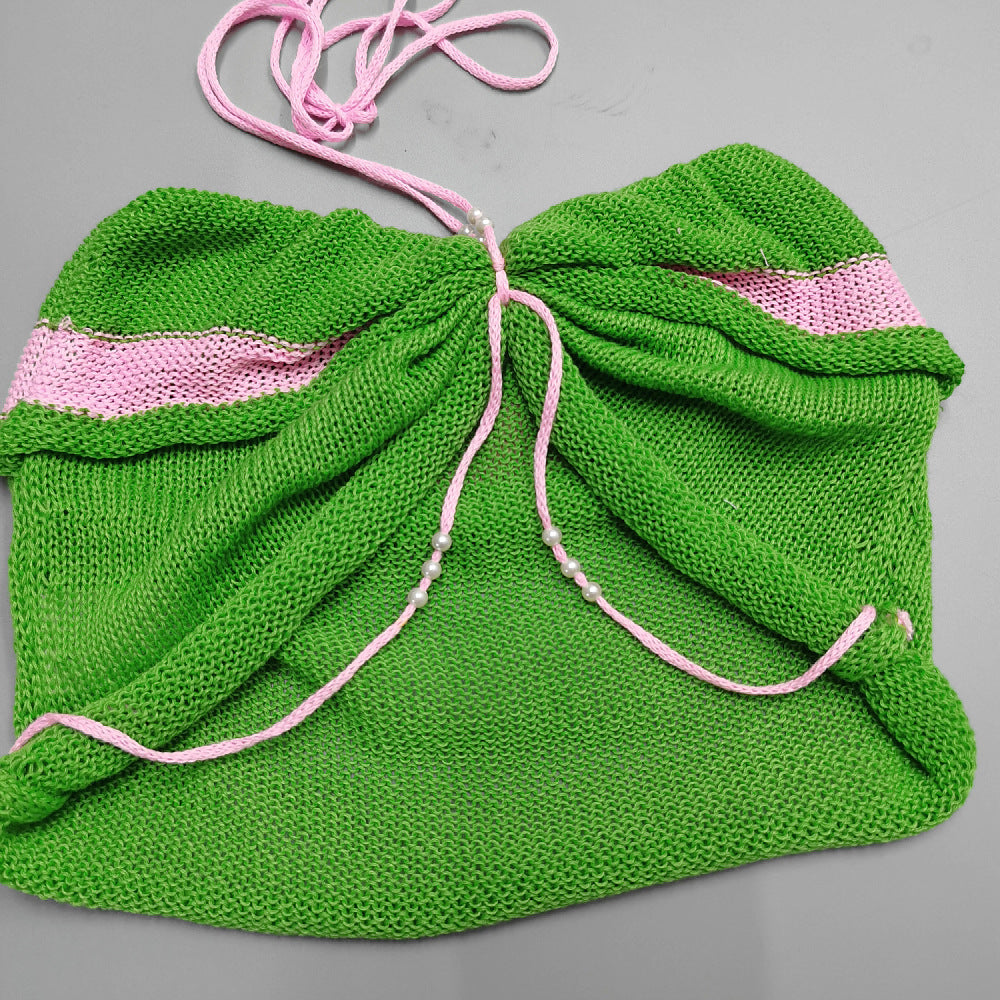 AIIZIE GREEN COLOR - BLOCKED PEARL HALTER KNITTED SET - product image