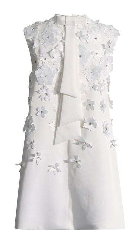 LYDIA FLOWER APPLIQUE MOCK NECK BOW TRIM MINI DRESS