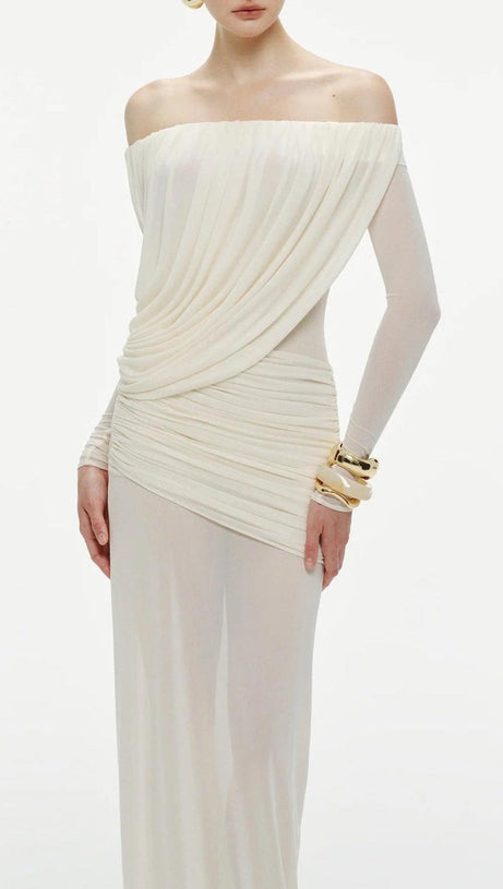 cara Off-shoulder long sleeve pleated mesh maxi dress in white