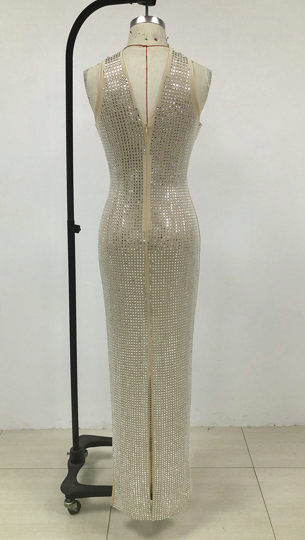 AIIZIE RHINESTONE MESH HALTER NECK MAXI DRESS - product image